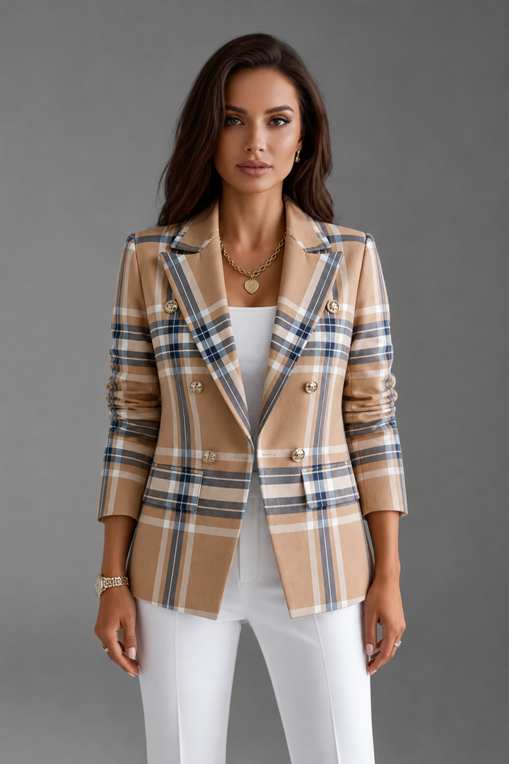 Chic ladies double-breasted plaid blazer. Fashionable long-sleeve jacket for smart casual & professional office wear.