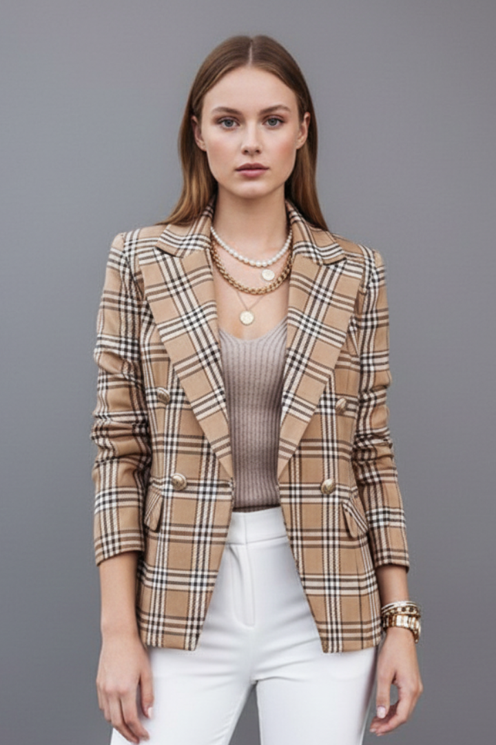 Womens long-sleeve double-breasted plaid blazer, perfect for professional, office, business casual, or chic smart wear.