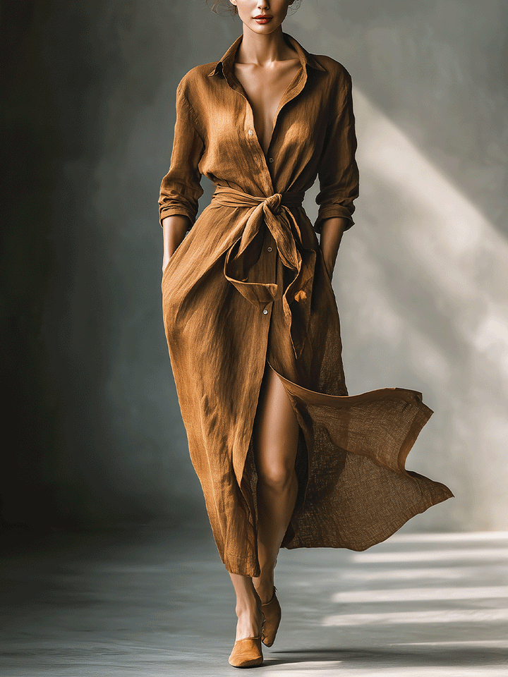 Women's effortless brown V-neck long sleeve shirt dress with tie waist. Perfect for casual fall fashion & everyday style.