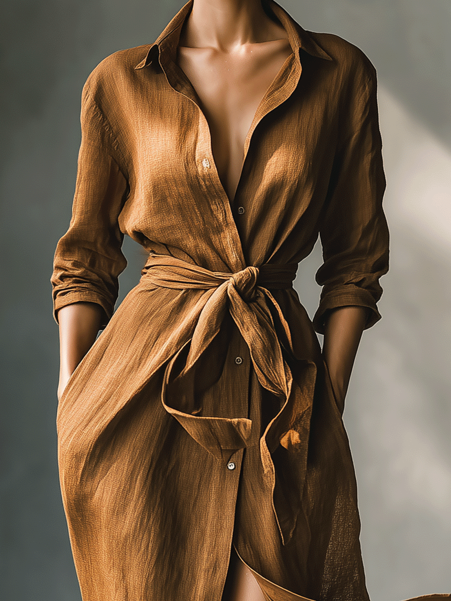 Effortless brown V-neck shirt dress for women with long sleeves & tie waist. Casual & comfortable fall fashion.