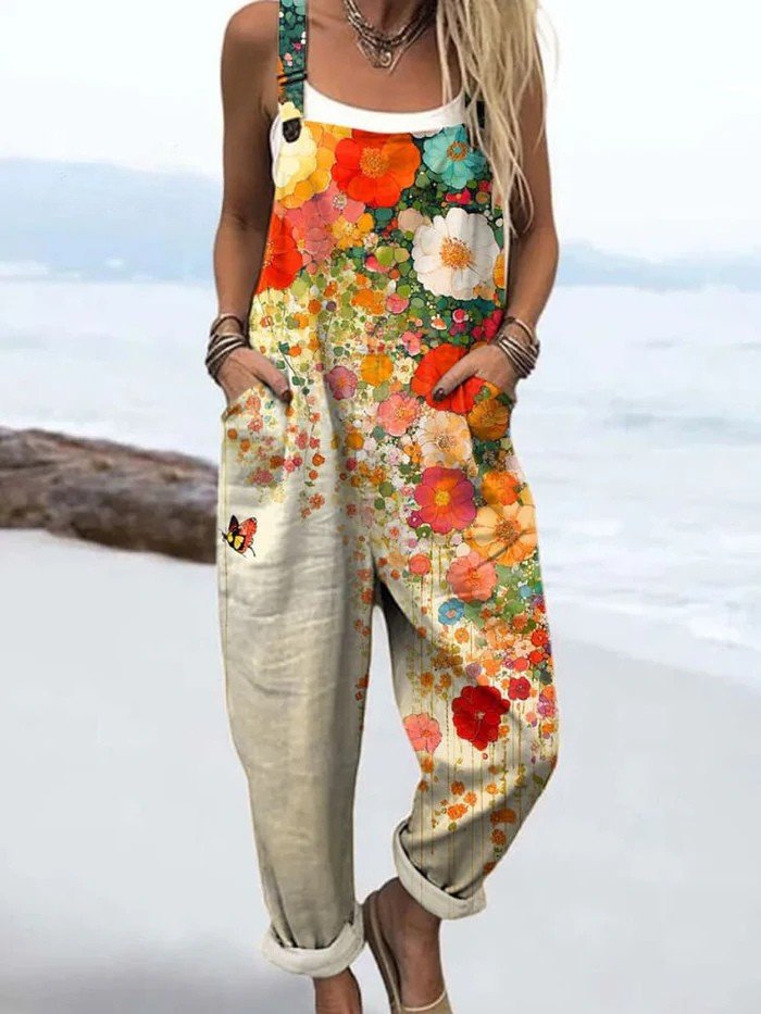 Women's effortless floral wide-leg jumpsuit with multicolor print, sleeveless design for comfortable summer and vacation wear.