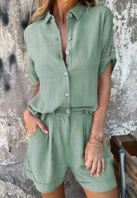 Wrinkle-resistant women's summer shorts and top set. Relaxed fit, comfortable & stylish casual outfit.