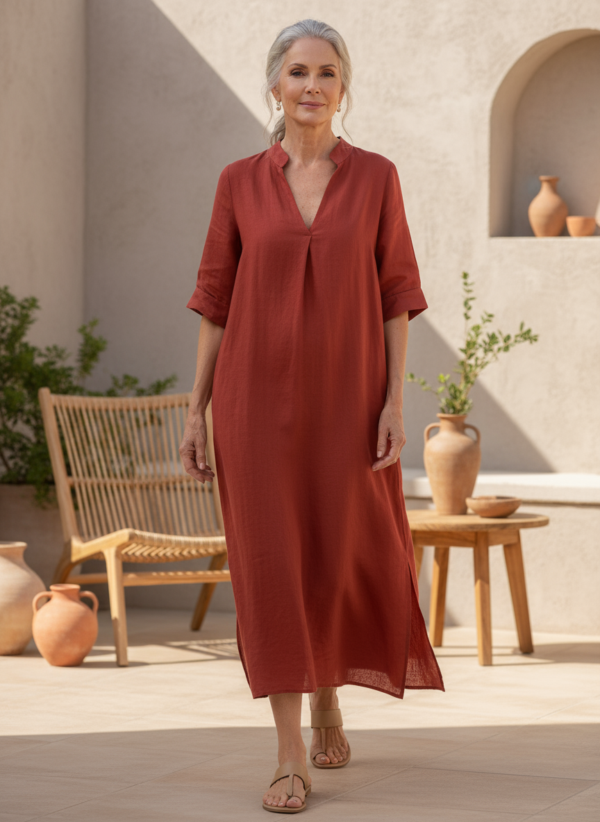 Women's effortless V-neck maxi dress, perfect for casual elegance. Loose fit, comfortable summer style.