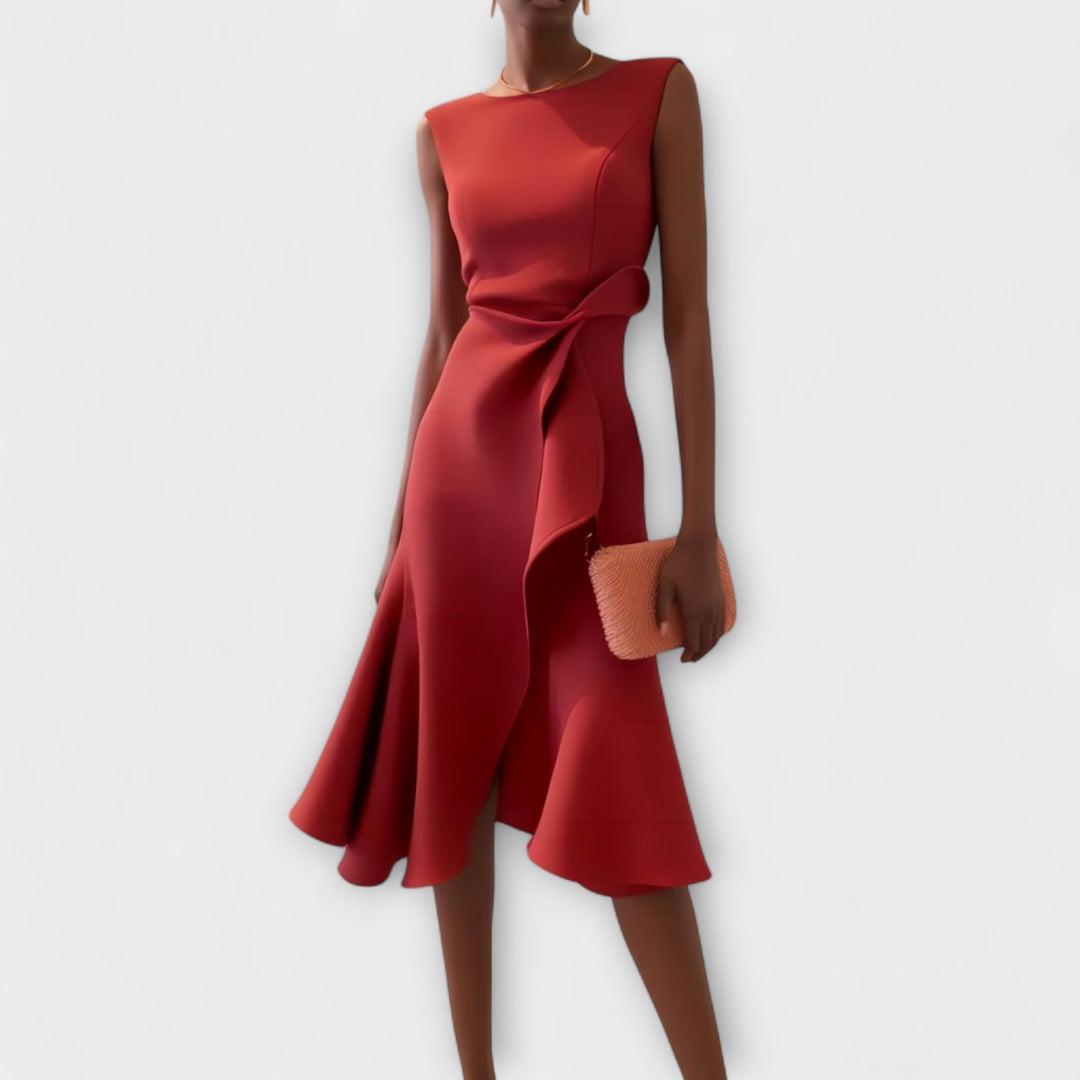 Women's elegant asymmetric midi dress, perfect for versatile styling from cocktail parties to wedding guests.