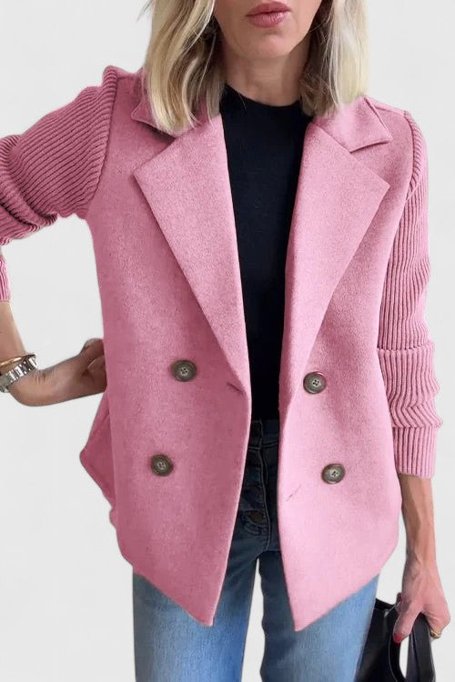 Women's elegant double-breasted blazer with comfort sleeves, perfect for sophisticated office wear.