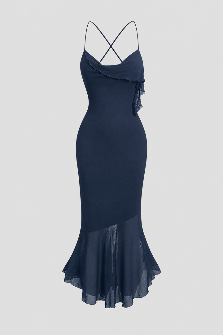 Chic sleeveless midi dress for women. Elegant draped design with asymmetric hem, perfect for parties.