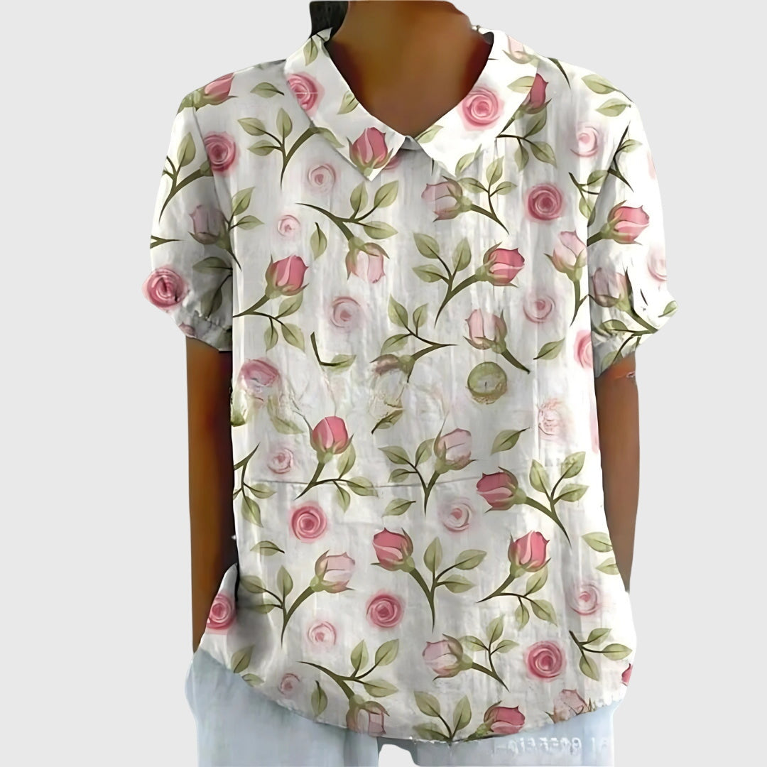Front view of the women's floral print casual top, designed for comfortable everyday style.