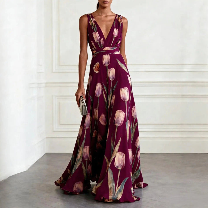 Effortless V-neck wrap maxi dress for women, featuring a beautiful floral print. Ideal for evening or party wear.