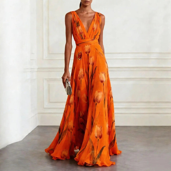 Stylish women's long floral maxi dress with a flattering V-neck wrap design. Great for summer and special occasions.