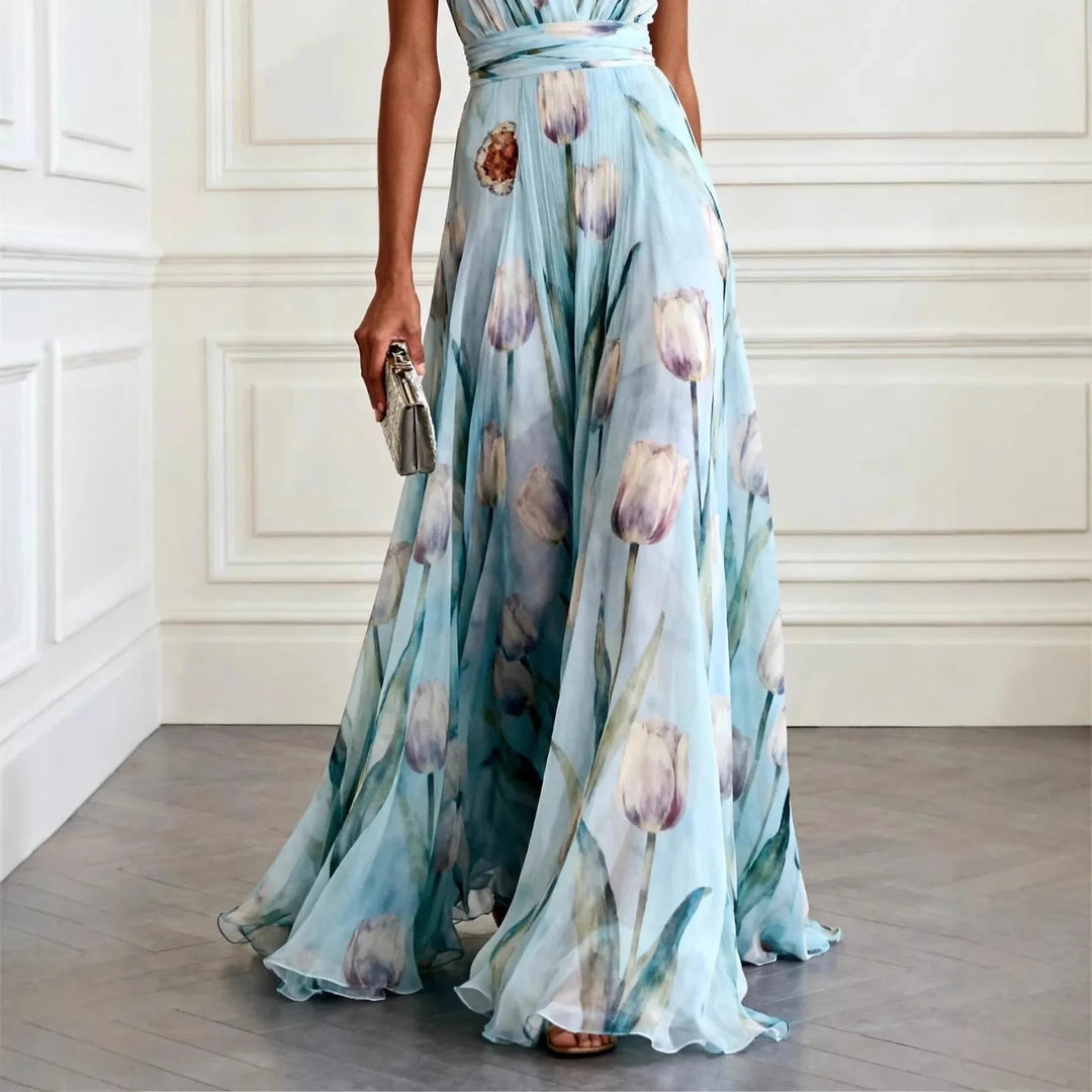 Women's elegant floral maxi wrap dress with V-neck. Comfortable long summer dress for parties & wedding guests.