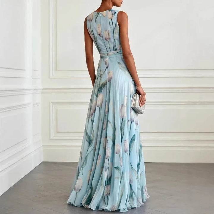 Beautiful women's floral print V-neck wrap maxi dress, offering effortless style for any elegant occasion.