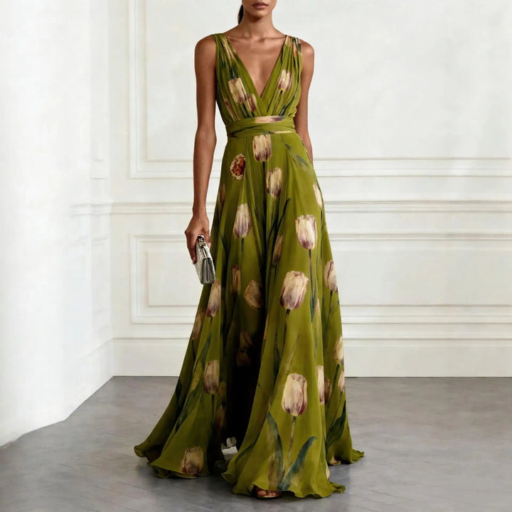 Elegant wedding guest floral maxi dress for women, V-neck, sophisticated tulip print. Perfect formal or evening gown.