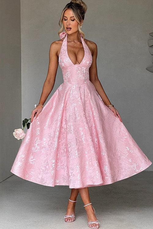 Women's elegant halterneck A-line maxi dress, perfect for homecoming, prom or formal events.