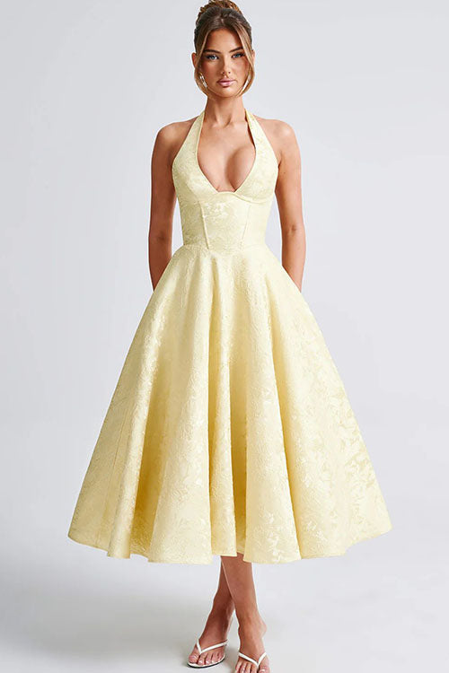 Women's party maxi dress, A-line, halterneck, designed for a stunning look at any formal gathering.