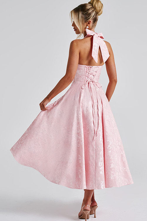 High-quality women's A-line maxi dress, halterneck style, with a comfortable corset bodice.