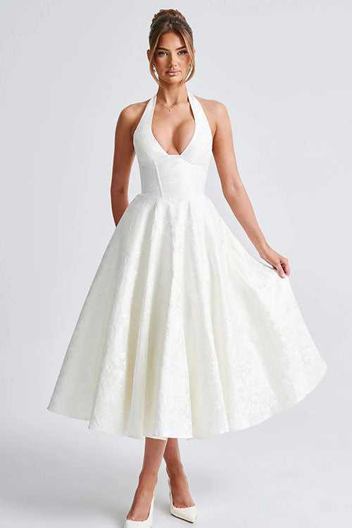Modern women's A-line maxi dress, halterneck design, elegant and perfect for any formal celebration.