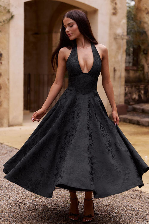 Formal long halterneck A-line dress, ideal for prom & evening parties. Elegant women's evening gown.