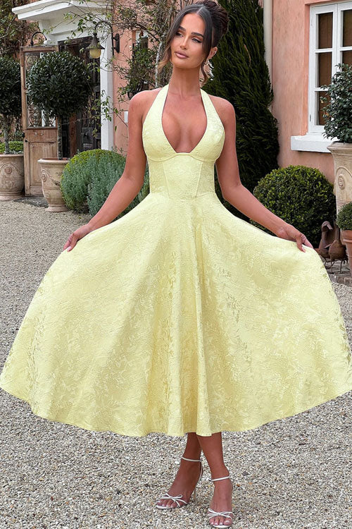 Women's versatile A-line maxi dress, halterneck design, ideal for formal parties & special occasions.