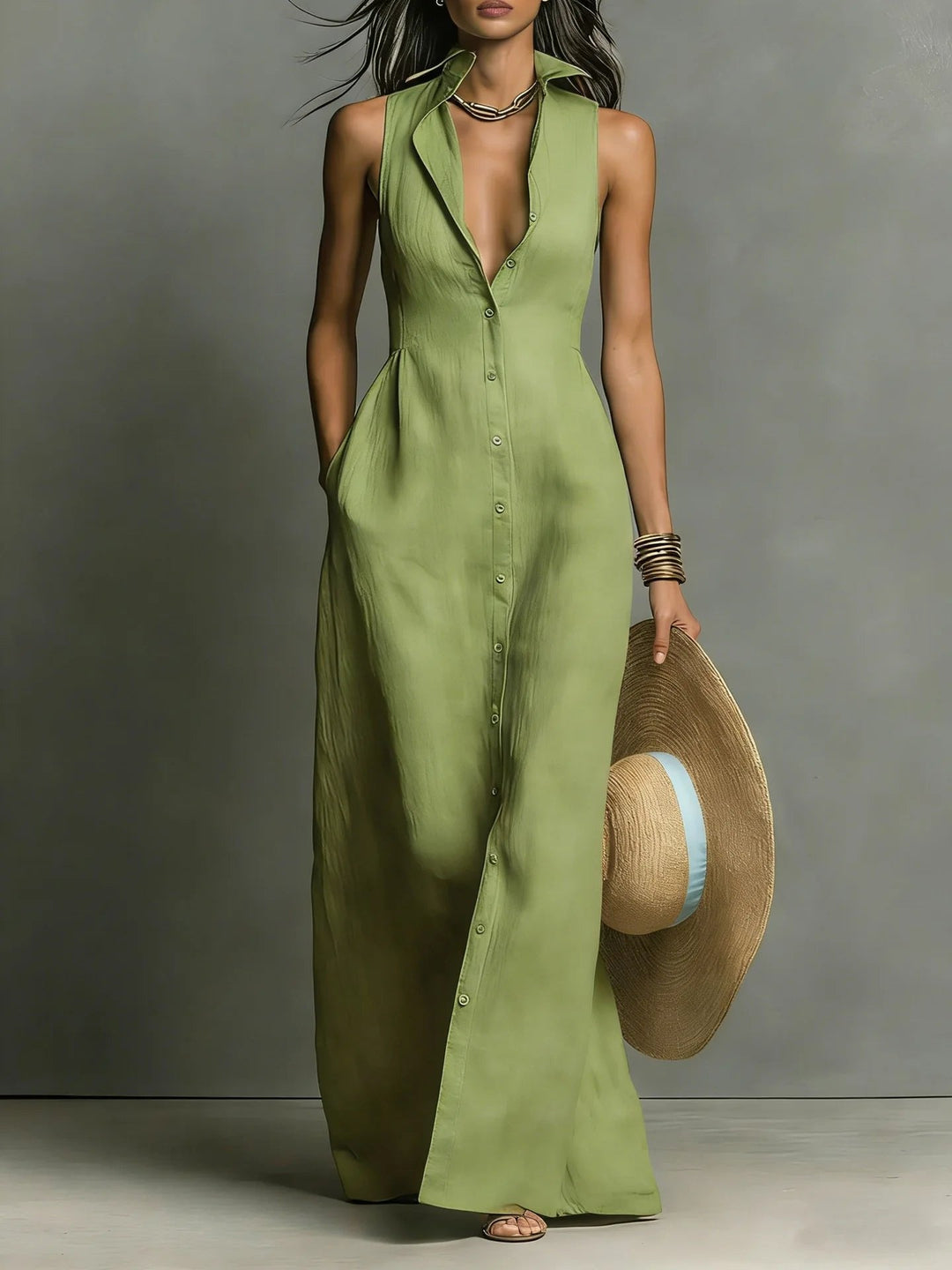 Casual yet sophisticated women's button-front maxi dress with a tailored lapel collar. Everyday elegance.