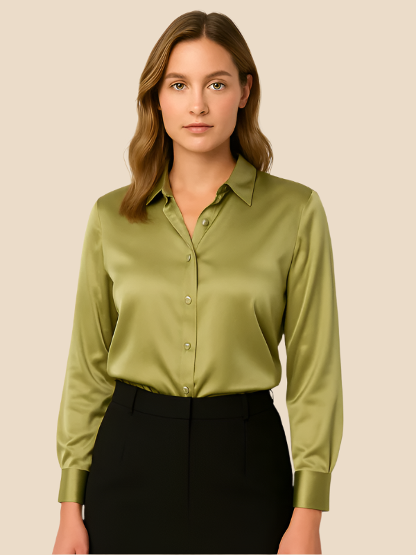 Elegant women's office top, long sleeve with classic button detail.