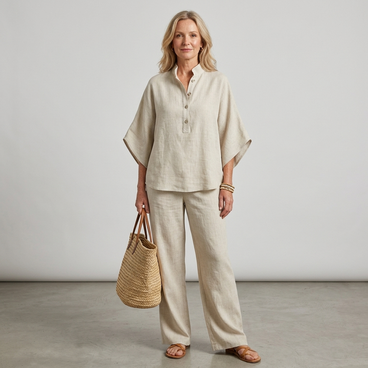 Women's elegant two-piece set with a mandarin collar shirt and wide-leg trousers for any occasion.