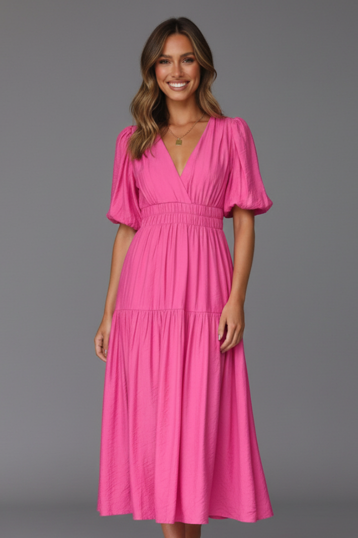 Casual chic women's midi dress with a V-neck and a unique layered hem, perfect for everyday fashion.