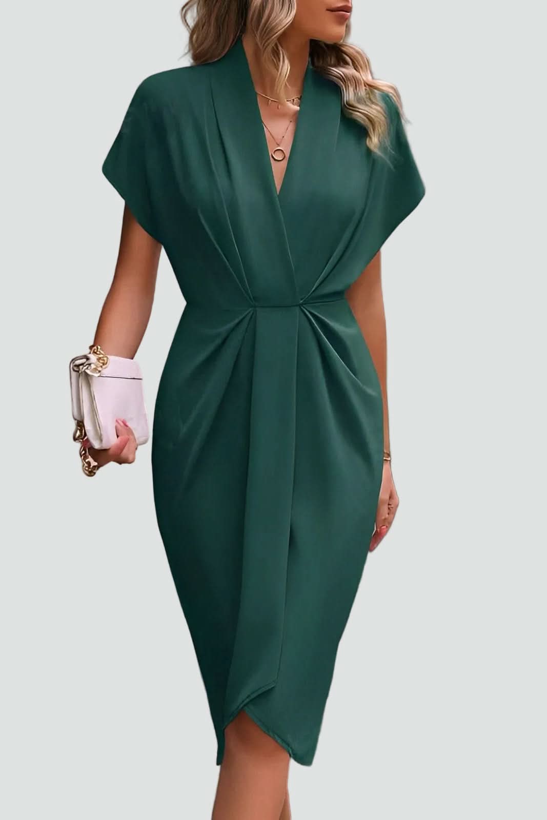 Women's comfortable midi wrap dress, elegant design for versatile fashion & flattering look.