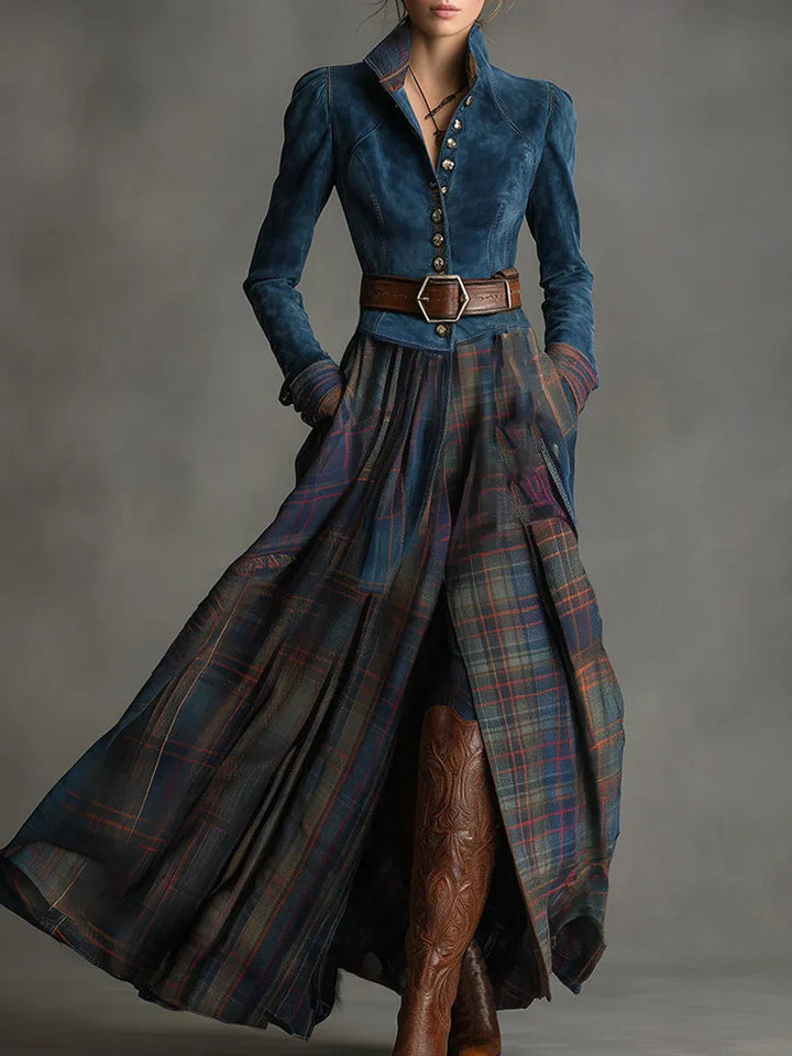 Stylish women's fitted navy blue maxi dress, featuring a classic plaid skirt & long sleeves, ideal for elegant fall events.