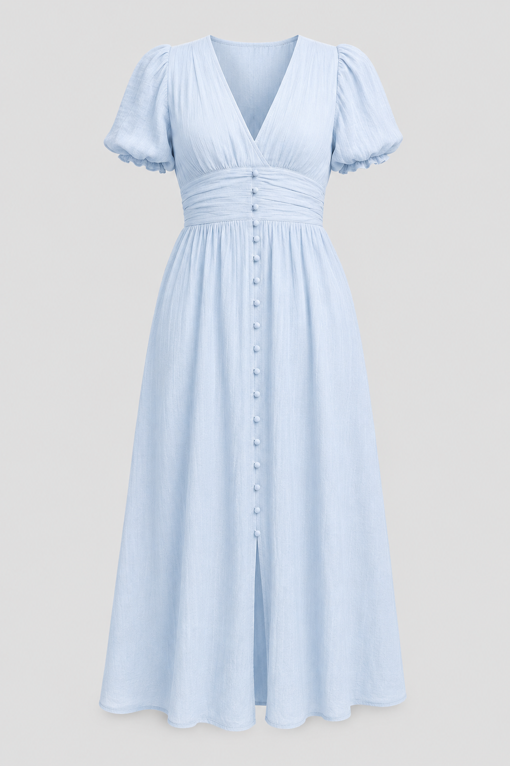 Formal women's elegant long dress with puff sleeves, ideal for occasion wear & sophisticated summer events.