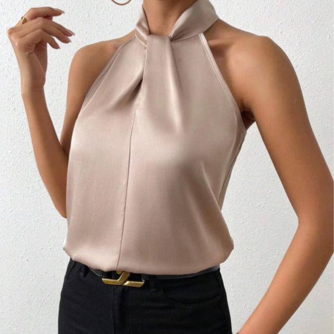 Women's elegant twist knot neck top, short sleeve. Versatile fashion for office or casual wear.