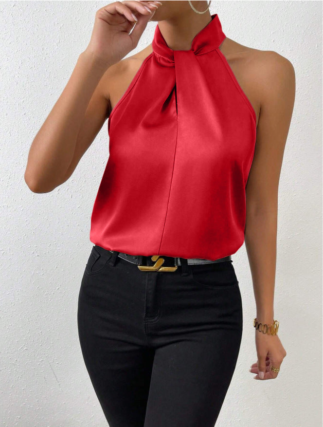 Chic women's versatile twist knot neck top. Elegant short sleeve for office or casual style.