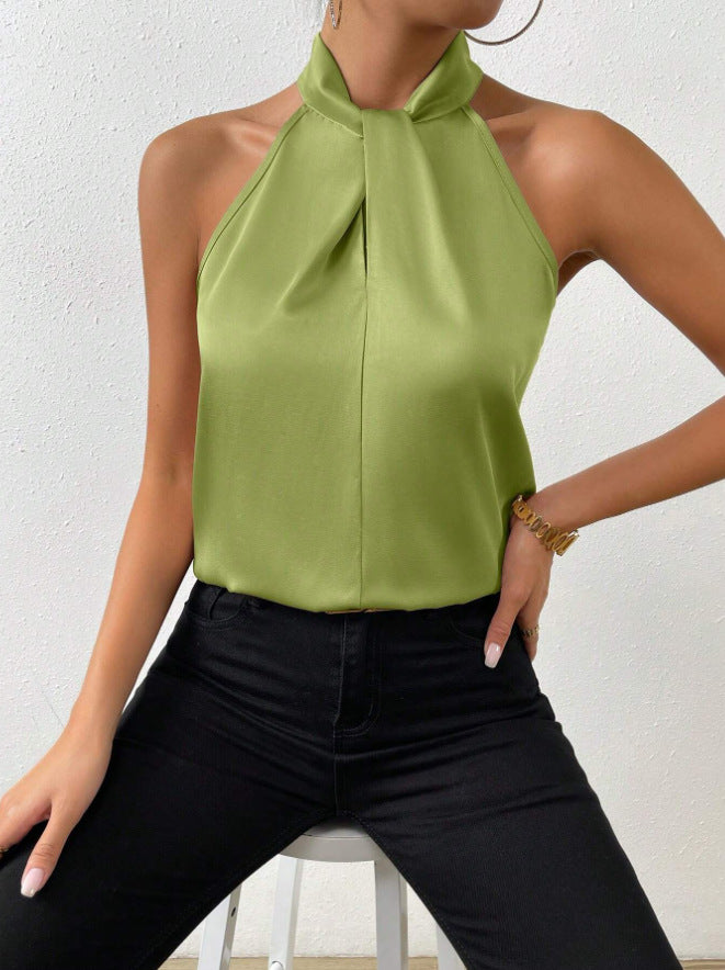 Women's comfortable short sleeve top with elegant twist knot neck. Versatile for office & casual.