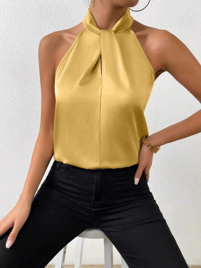 Women's elegant short sleeve top with a stylish twist knot neck. Comfortable & versatile.