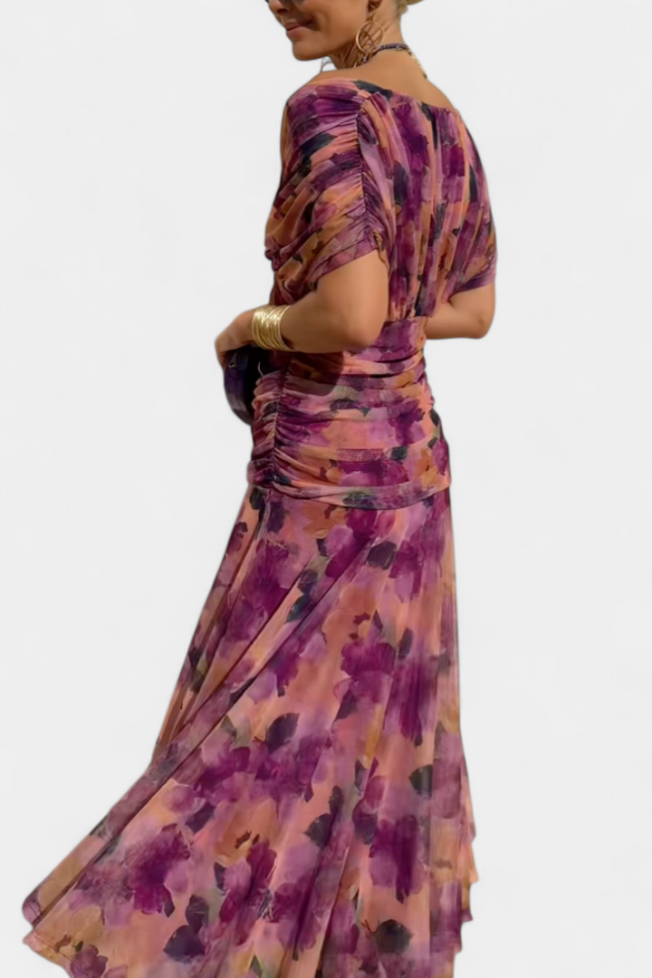Flowy V-neck maxi dress for women, flattering ruched waist. Perfect for summer fashion and elegance.