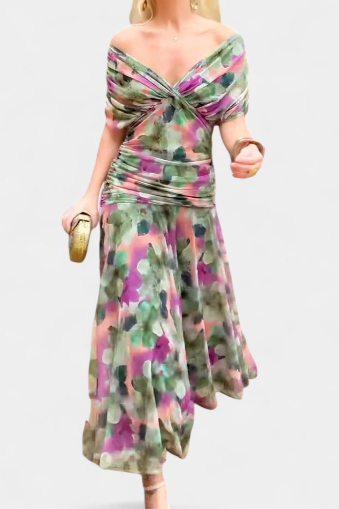 Blue V-neck maxi dress; women's elegant, versatile long dress with a flattering ruched waist.