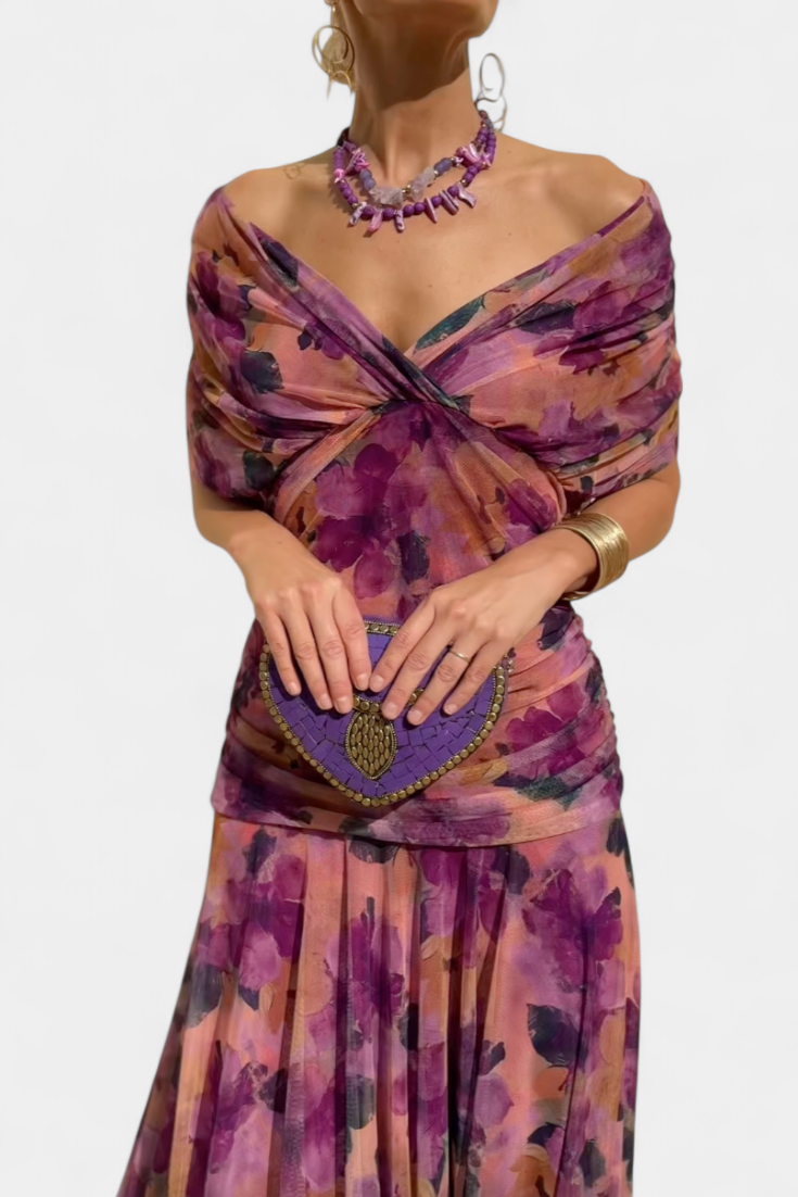 Women's elegant V-neck maxi dress with ruched waist. Ideal party wear or special occasion long dress.