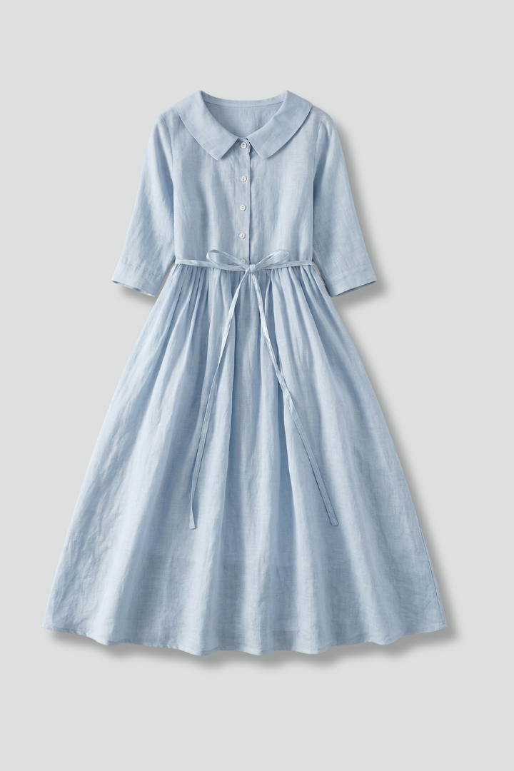 Women's elegant V-neck midi dress with waist tie. Perfect summer fashion and versatile clothing.