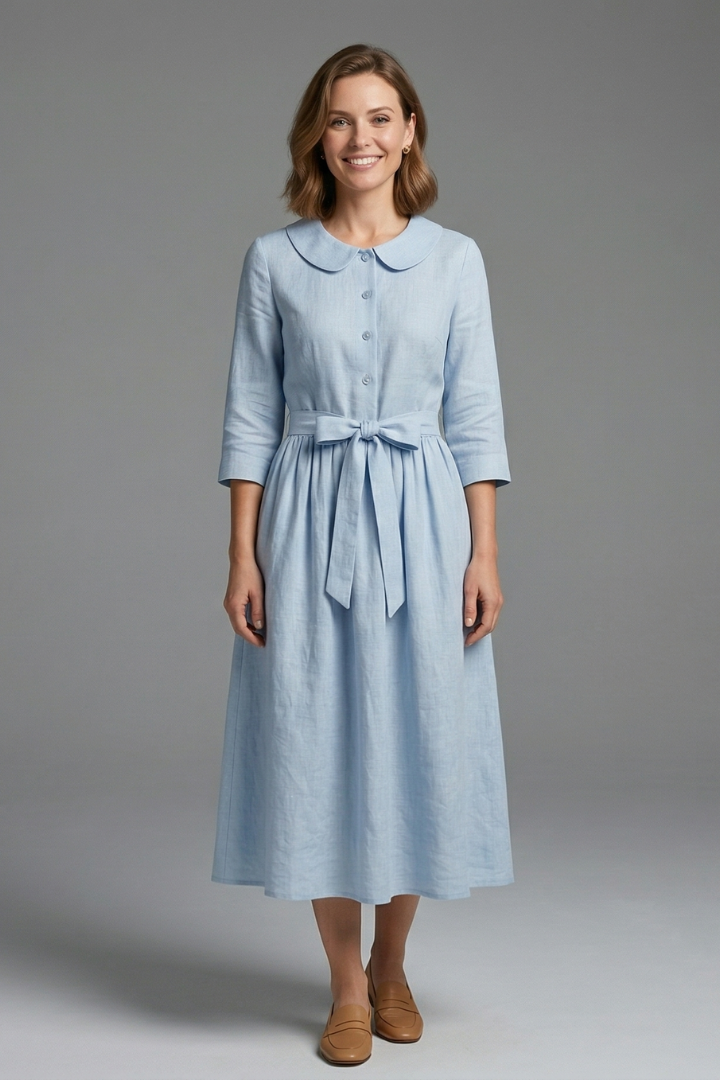 Stylish V-neck midi dress for women, featuring a flattering waist tie. Versatile for any occasion.