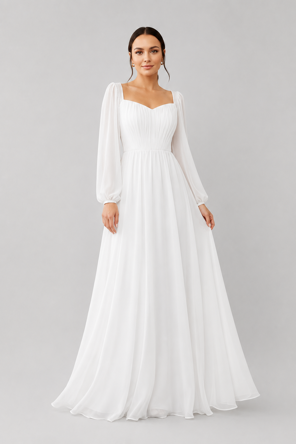 Women's elegant white maxi dress with sweetheart neckline & long sleeves, ideal for formal events & evening parties.