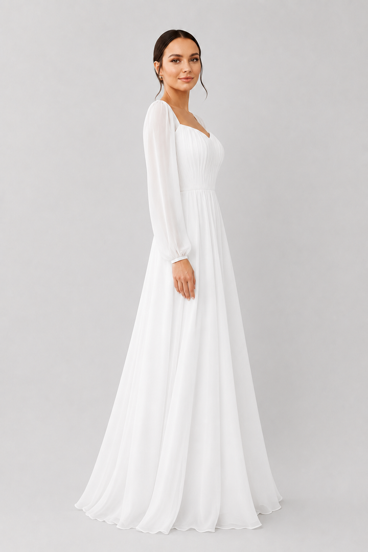 White special occasion maxi dress with sweetheart neckline & long sleeves, an elegant choice for evening wear.
