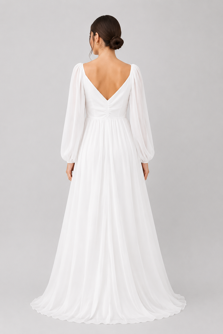 Women's formal white maxi dress, elegant design with long sleeves and a sweetheart neckline for evening events.