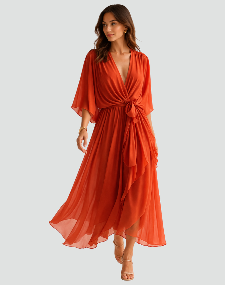 Women's elegant wrap neckline midi dress with tie waist, perfect for special occasions.