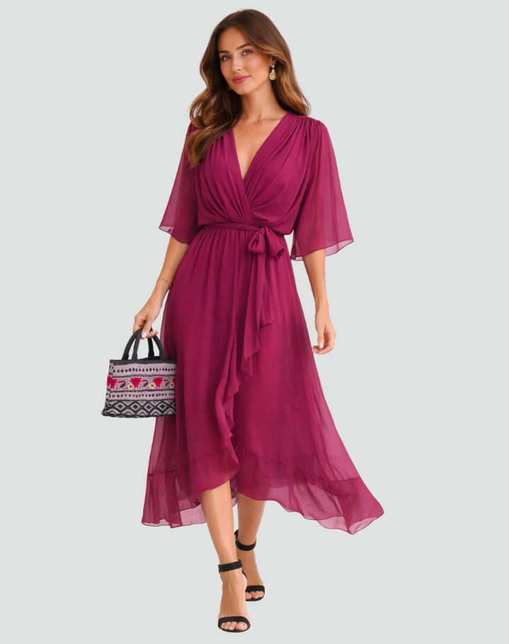 Chic women's midi wrap dress, v-neck design, tie waist, ideal for elegant special occasion wear.