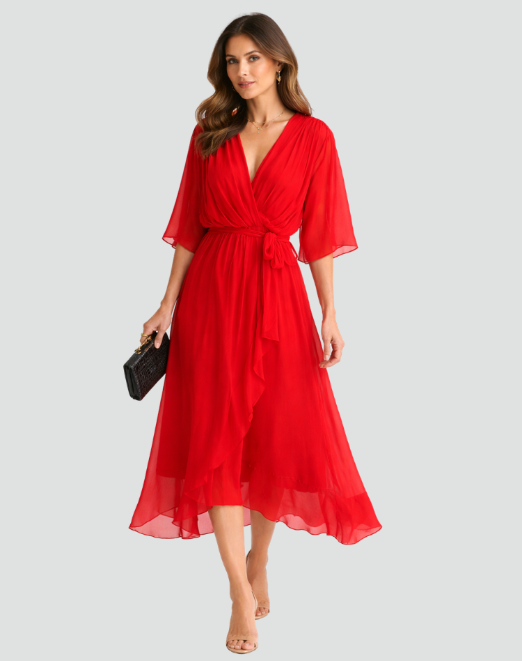 Lightweight summer midi wrap dress for women, v-neck & tie waist, perfect for warm weather parties.