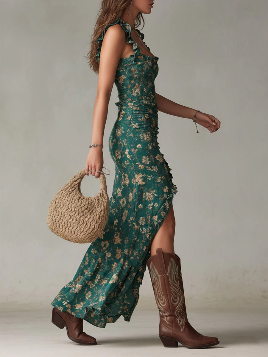 Bohemian floral maxi dress for women, featuring ruffle straps & a high slit, ideal for festivals & parties.