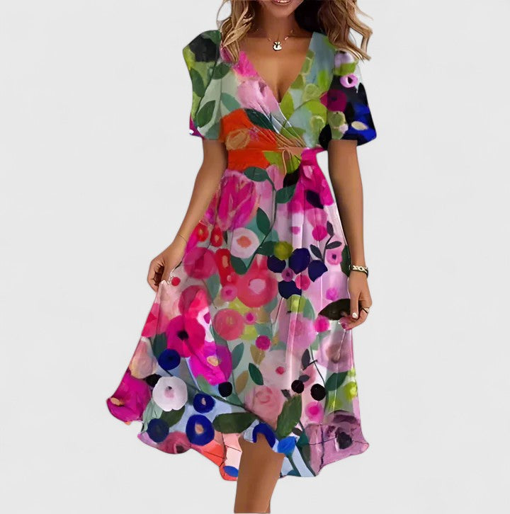 Vibrant floral print women's midi dress with delicate flutter sleeves and a trendy high-low hem for versatile spring fashion.