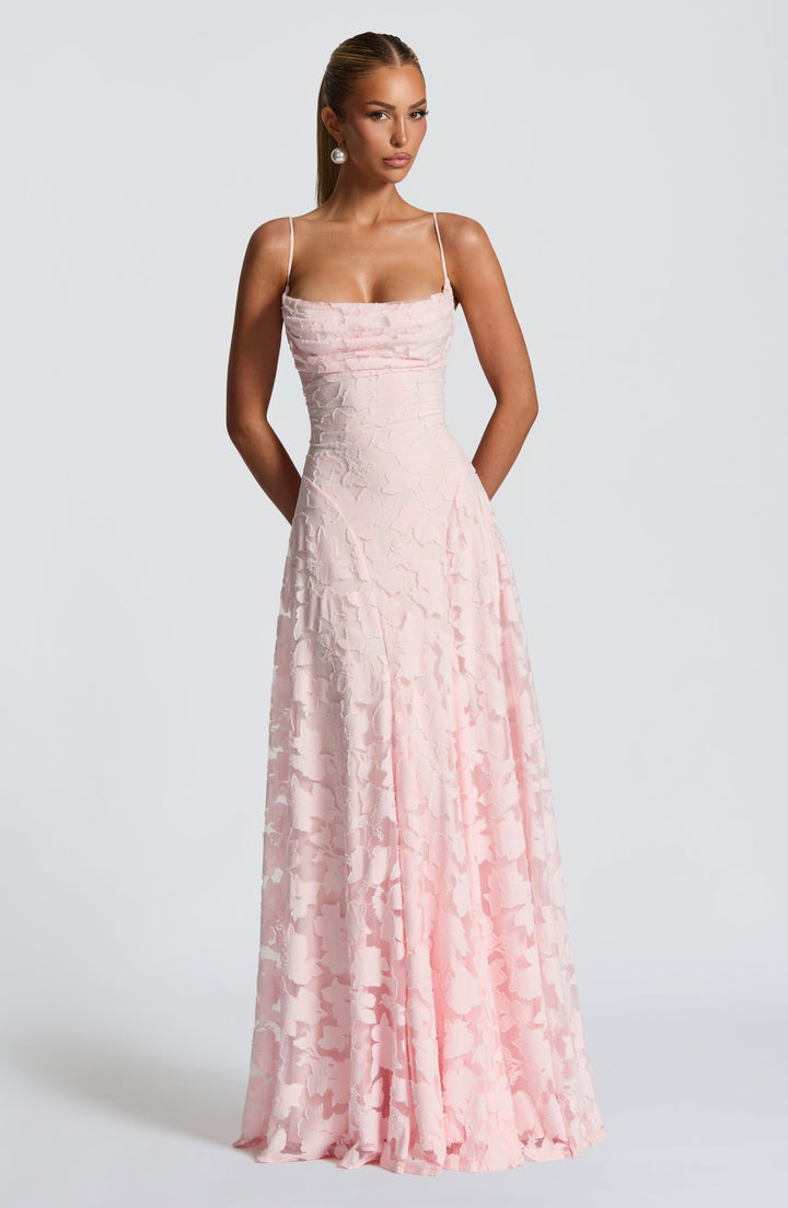 Floral evening wear maxi dress for women, featuring a gorgeous draped neckline & lace-up back.