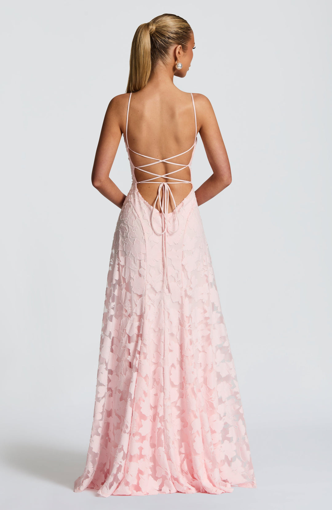 Sleeveless A-line floral maxi dress, women's, with an adjustable lace-up back.