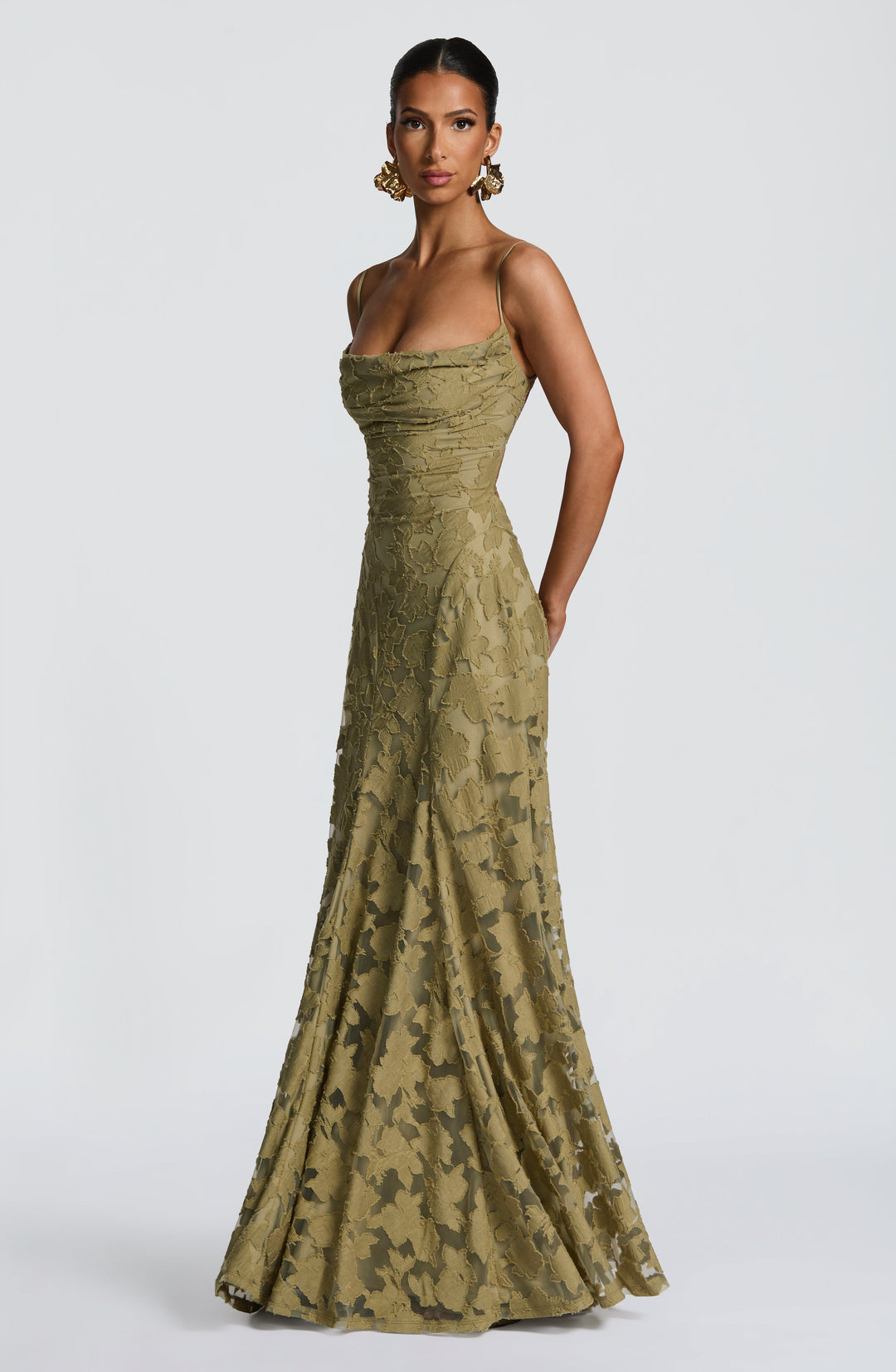 Party-ready women's floral maxi dress, sleeveless, featuring a chic draped neckline.
