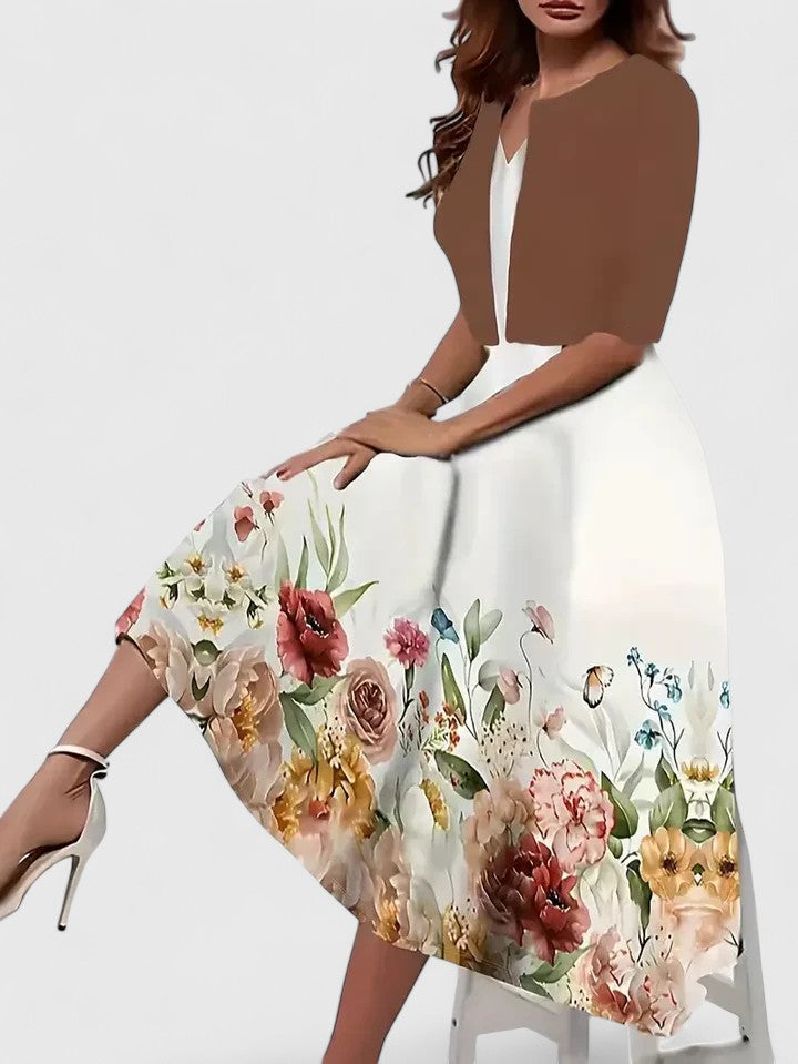 Trendy women's fashion midi dress, floral print, colorblock design, notch neck & elegant A-line cut.